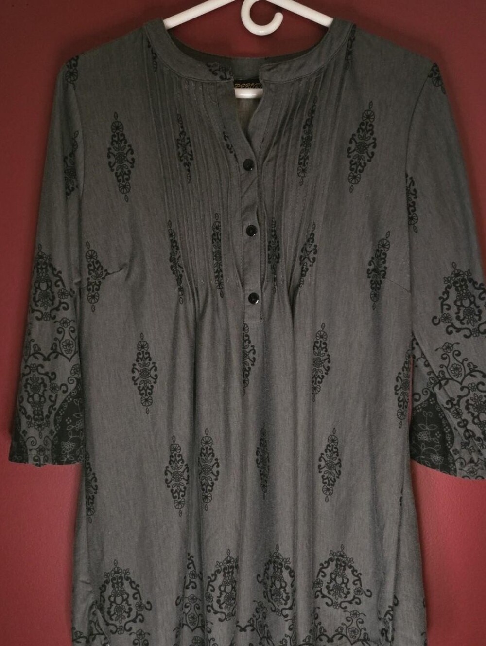 Reborn gray & black paisley print dress with button-up front